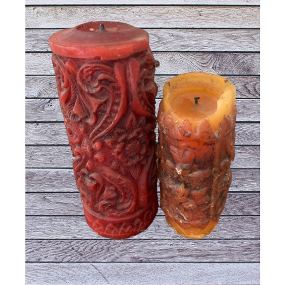 1970's FLORAL Carved Candles - Vintage Red & Orange Brocade Pillar Candles - Picture 3 of 6